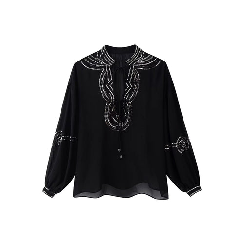 Damen Chiffonbluse mit Paillettenbesatz, Ballonärmeln und Bindekragen Echo Archiv