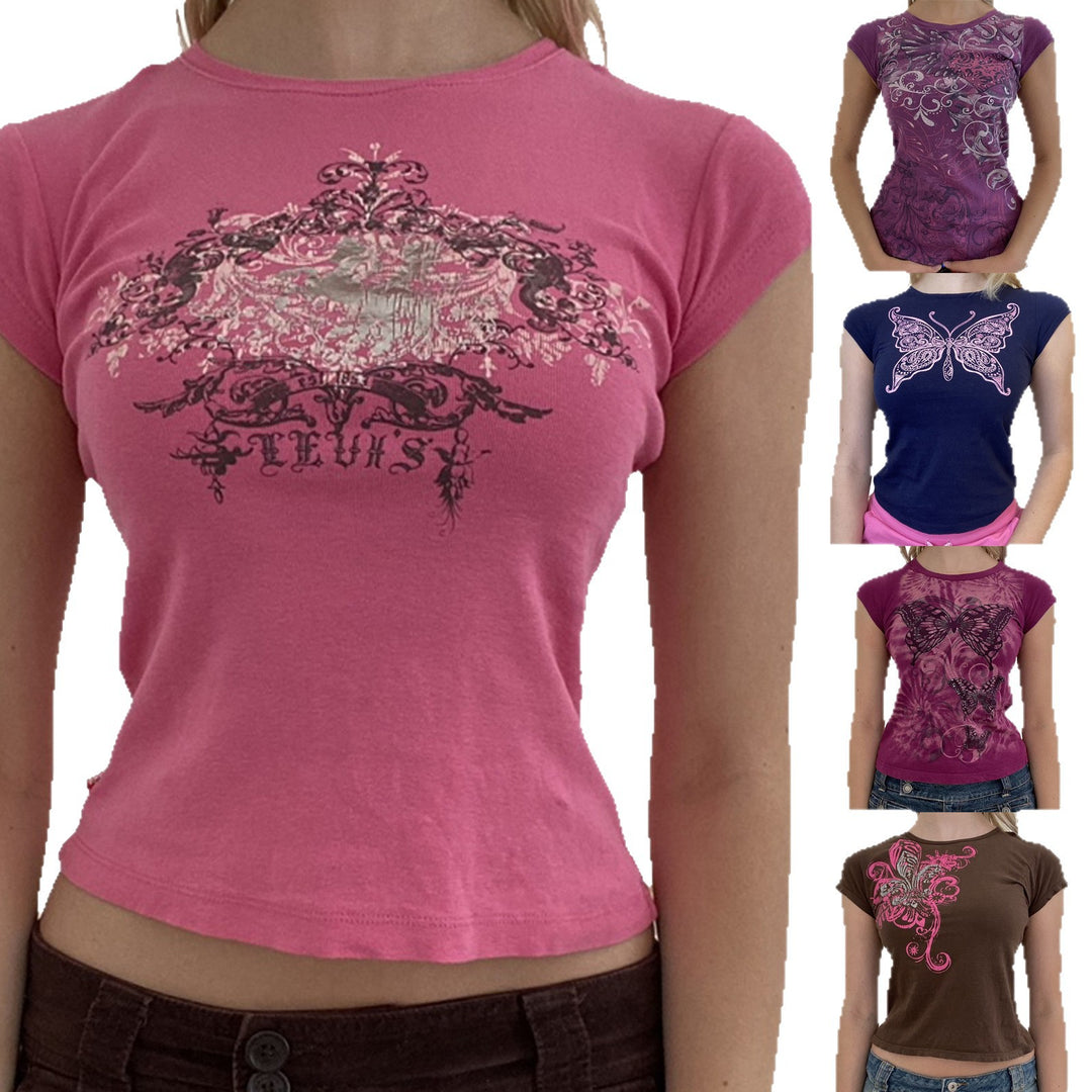 Damen lässiges Grafik-Crop-Top mit Rundhals-Ausschnitt Echo Archiv