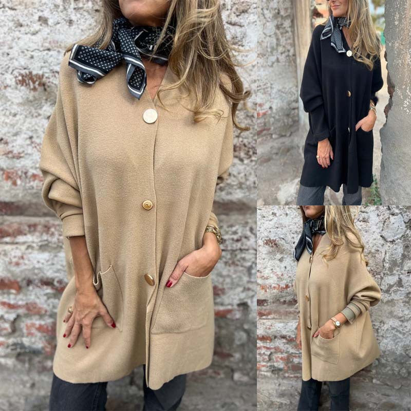 Damen Oversize Strickmantel-Cardigan mit aufgesetzten Taschen und Zierknöpfen – Veloura