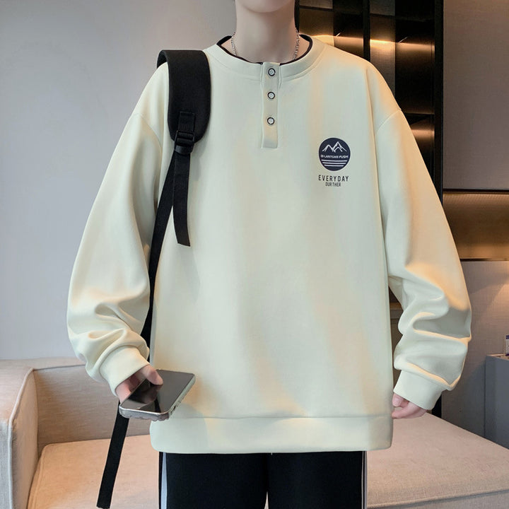 Herren lässiger Langarmpullover mit Knopf und gesticktem Motiv Echoarchiv