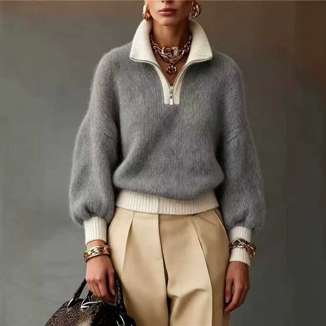 Damen Flauschiger Pullover mit halbem Reißverschluss, Stehkragen und Ballonärmeln – Mavelle