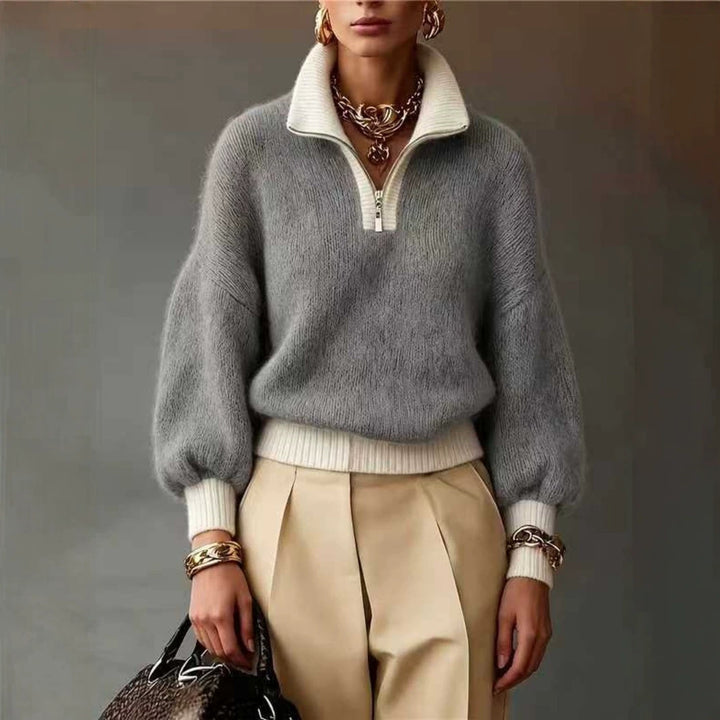 Damen Flauschiger Pullover mit halbem Reißverschluss, Stehkragen und Ballonärmeln – Mavelle