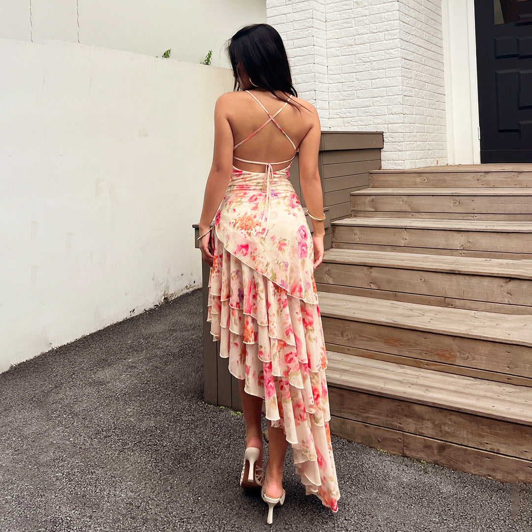 Damen Maxikleid mit floralem Rüschenmuster und trägerlosem Design Echo Archiv