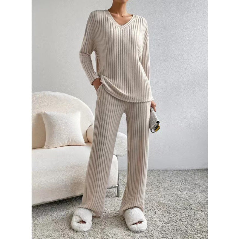 Damen Gemütliches Rippstrick-Loungewear-Set mit V-Ausschnitt und weitem Bein Echo Archiv