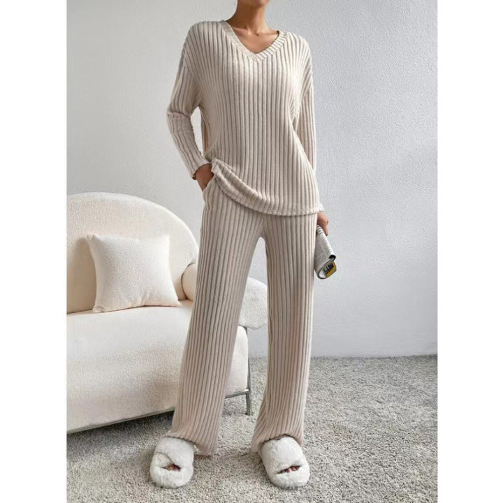 Damen Gemütliches Rippstrick-Loungewear-Set mit V-Ausschnitt und weitem Bein Echo Archiv