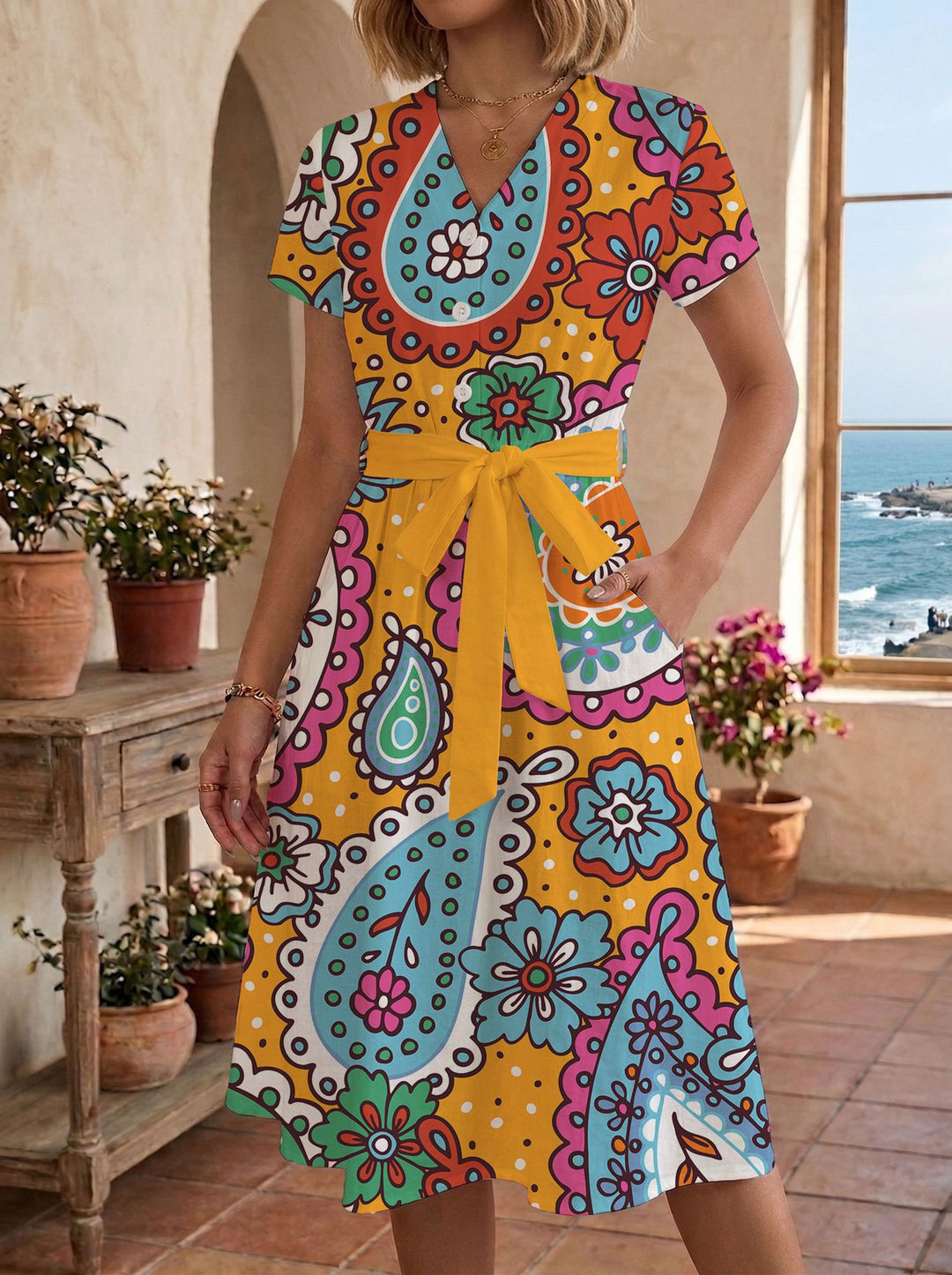 Damen lässiges Maxikleid mit taillierbarem Knoten und dekorativem Karomuster Echo Archiv