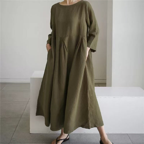 Damen Maxikleid aus Leinenmix mit geraffter Hüftpasse, seitlichen Eingrifftaschen und weitem Tellerrock – Valéora
