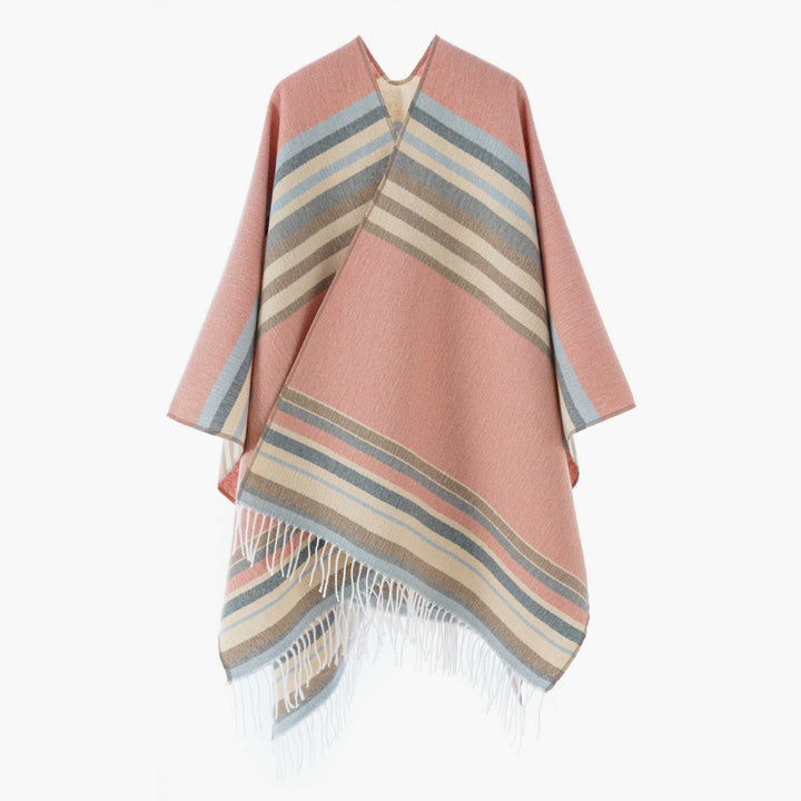 Damen Gestreifter Wollmix-Poncho mit Fransensaum – Avérine