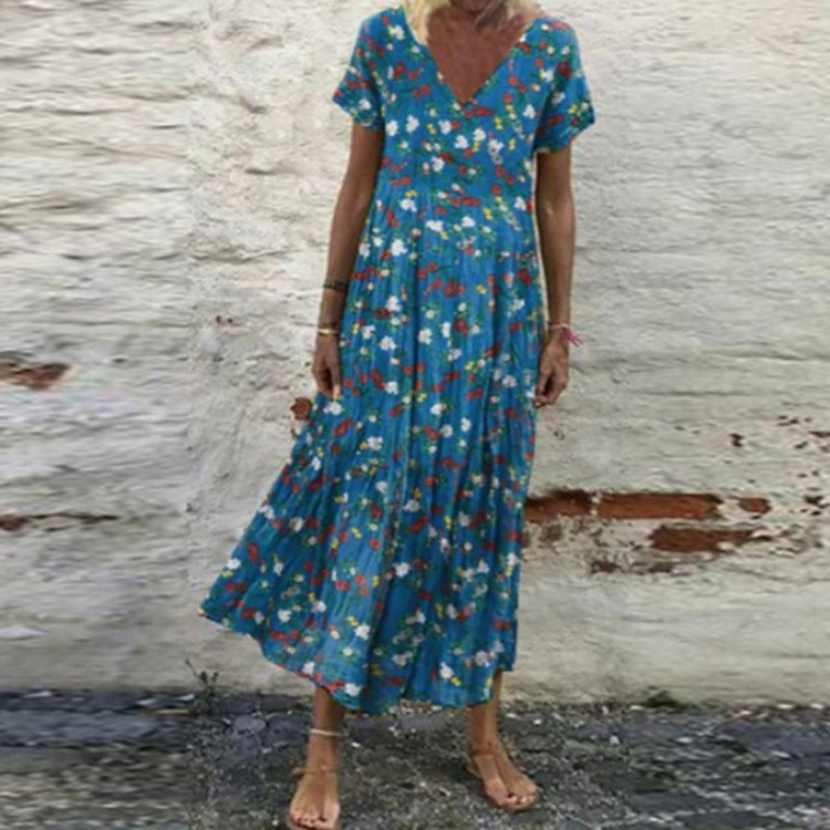 Damen nan V-Ausschnitt-Maxikleid mit feinem Faltenrock, Empire-Passe und Kurzarm Echo Archiv