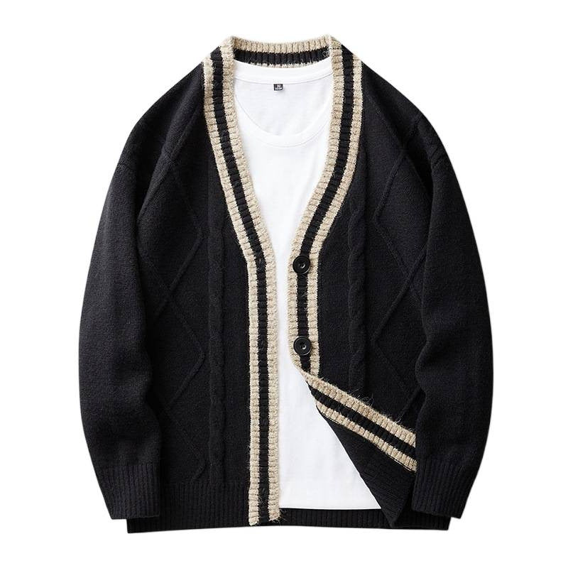 Herren Strickcardigan mit Zopfmuster, V-Ausschnitt und Kontrastkante Echoarchiv