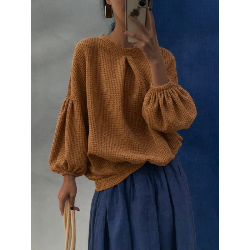 Damen Oversize Waffelstrickpullover mit Ballonärmeln und Kellerfalte Echoarchiv