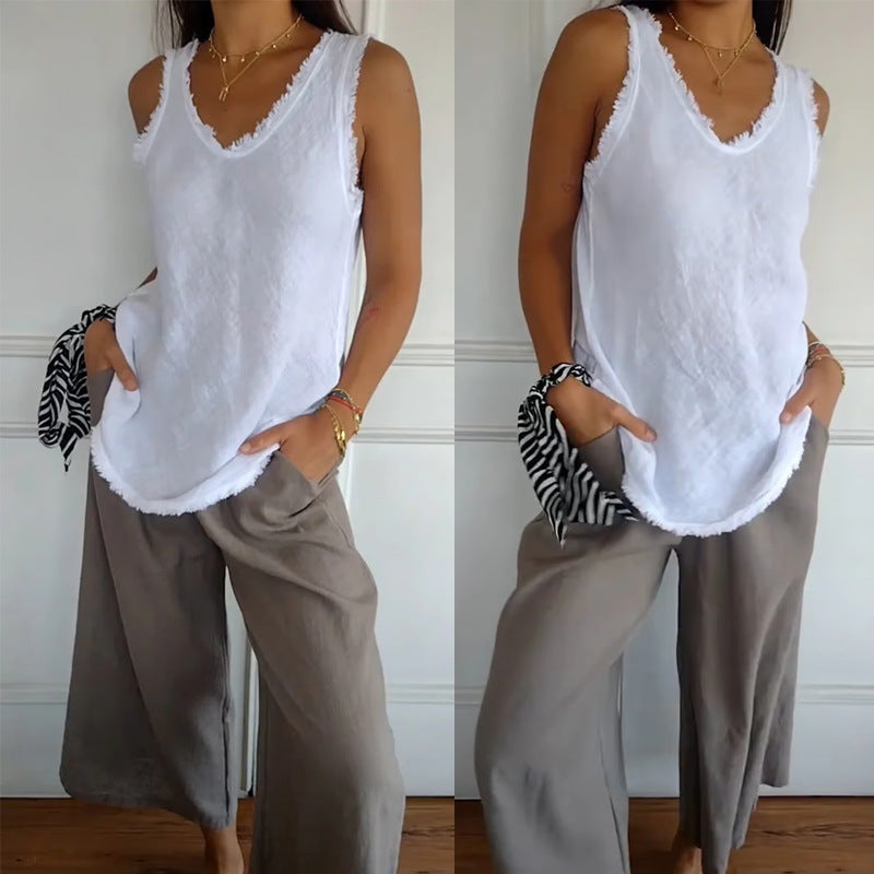 Damen nan lässiges Leinenoptik-Tanktop mit ausgefranstem Saum U-Ausschnitt und lockerer Hüftlänge Echo Archiv