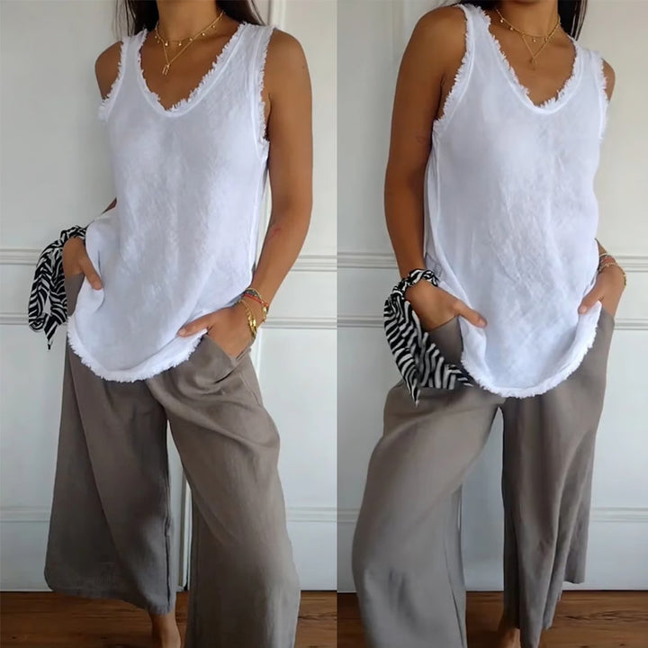 Damen nan lässiges Leinenoptik-Tanktop mit ausgefranstem Saum U-Ausschnitt und lockerer Hüftlänge Echo Archiv