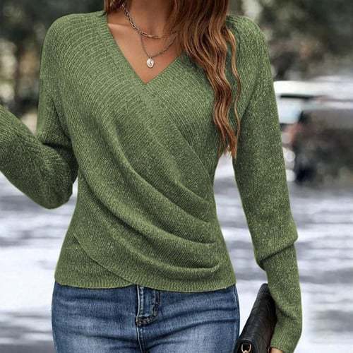 Damen nan figurbetonter Wickel-Strickpullover mit V-Ausschnitt und feiner Rippenstruktur Echo Archiv