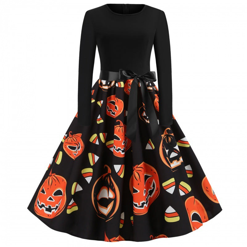 Damen Retro Swing-Kleid mit Halloween Kürbisprint und Taillenschleife – Élara