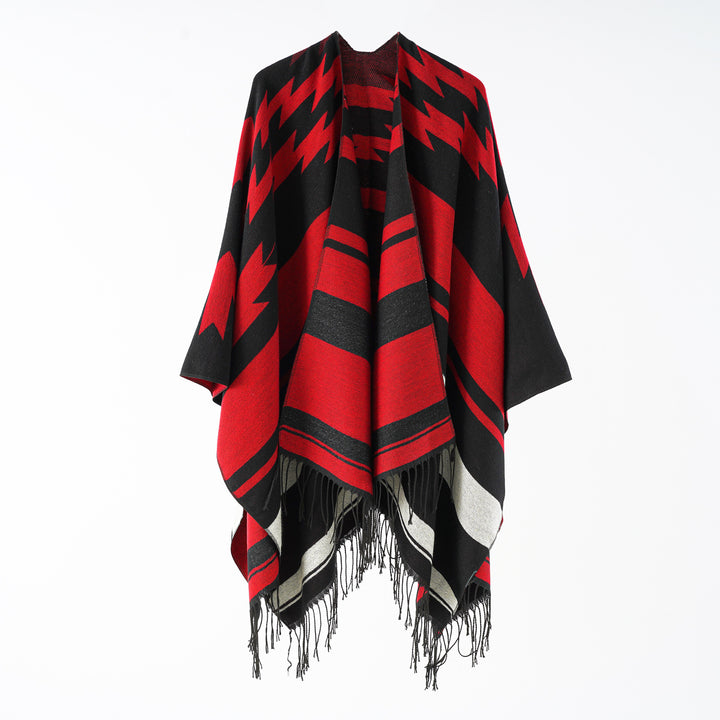 Damen Langer Reversfreier Webponcho im Umhangstil mit dezentem Zackenmuster und Fransensaum – Montévia