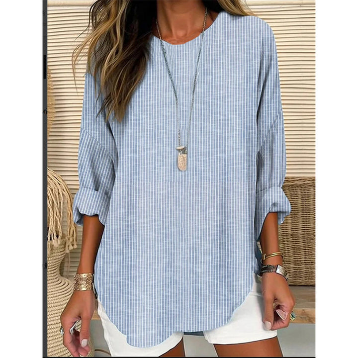Damen Casual Leinenlook Lange Bluse mit feinen Streifen Echoarchiv
