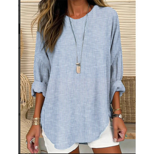 Damen Casual Leinenlook Lange Bluse mit feinen Streifen Echoarchiv
