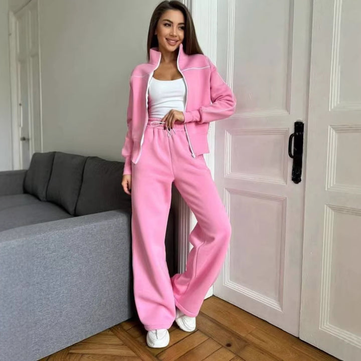Damen Zweiteiliges Jogginganzug-Set mit Stehkragen, Kontrastpaspel und weitem Bein – Avérine