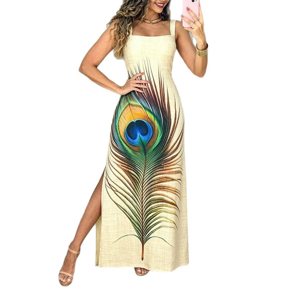 Damen Maxikleid mit grafischem Pfauenfeder-Druck und praktischen Seitentaschen Echo Archiv