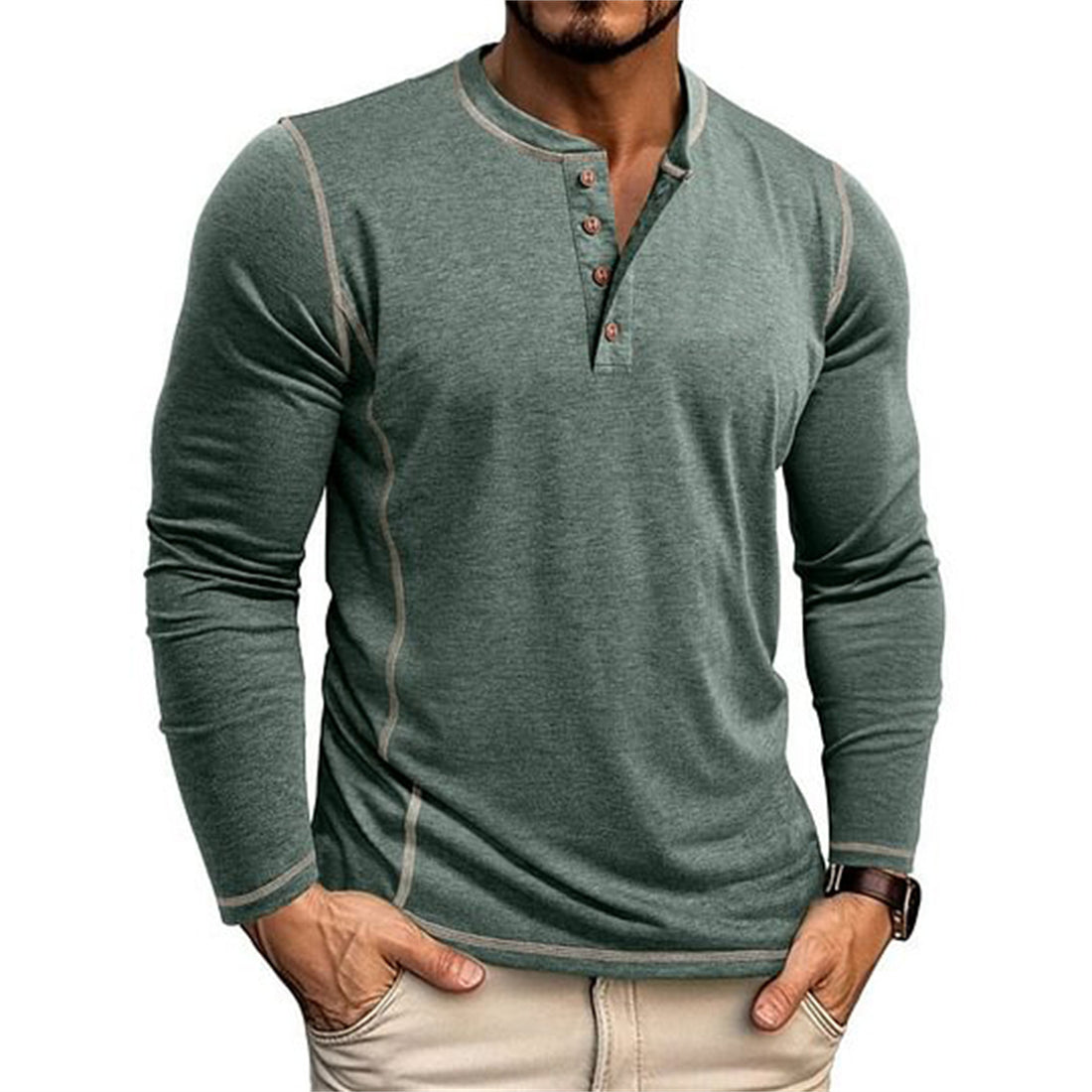 Herren Elastisches Langarm-Henley-Shirt mit Kontrastnähten und Knopfleiste EB – Orvano