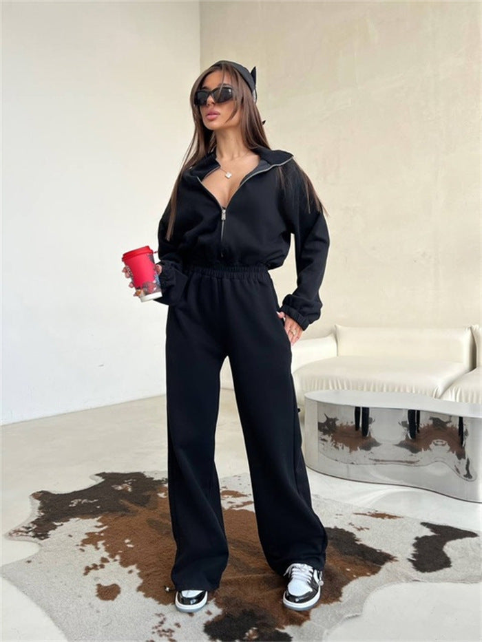 Damen Loungewear-Set mit halbem Reißverschluss, elastischem Taillenbund und weiter Jogginghose – Avérine