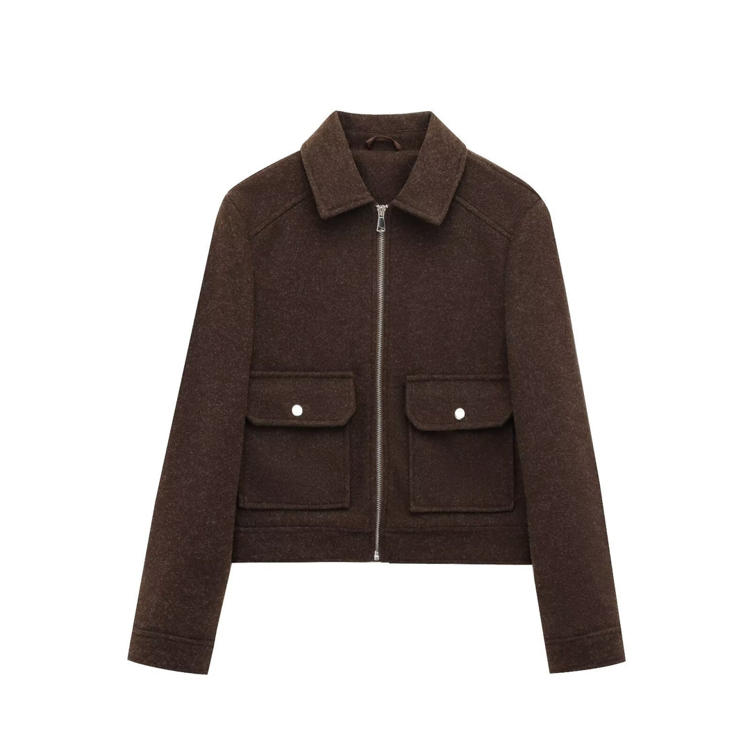 Damen Kurze Wollimitat-Fieldjacke mit durchgehendem Reißverschluss und vier aufgesetzten Pattentaschen Echo Archiv