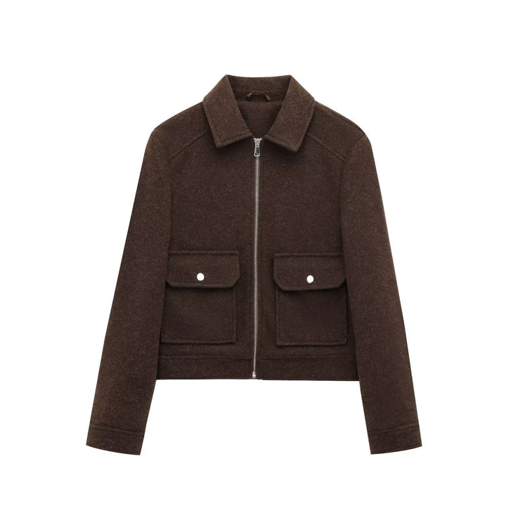 Damen Kurze Wollimitat-Fieldjacke mit durchgehendem Reißverschluss und vier aufgesetzten Pattentaschen Echo Archiv