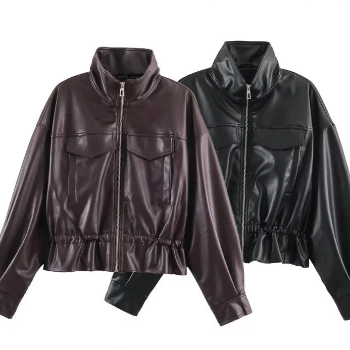 Damen Cropped Kunstleder‑Blouson mit Stehkragen, Pattentaschen und Tunnelzugtaillierung Echo Archiv