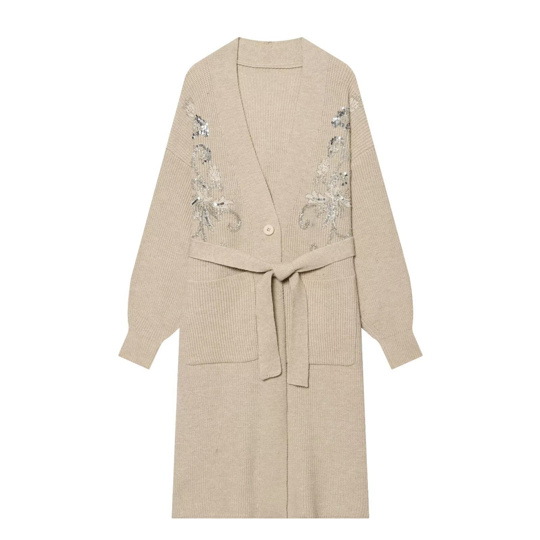 Damen Langer Strickcardigan mit Taillengürtel und Pailletten‑Stickerei Echo Archiv