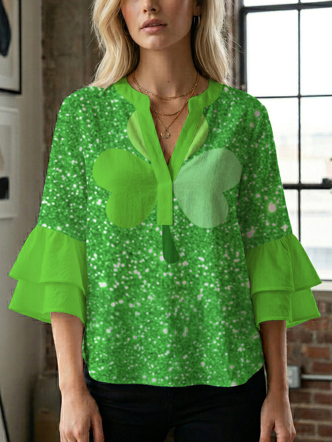 Damen lässige Bluse mit Volantärmeln und botanischem Druck Echo Archiv