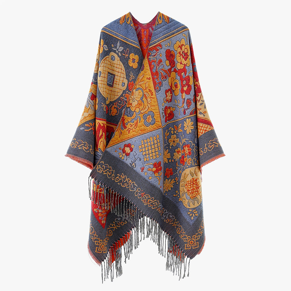 Damen Jacquard-Poncho mit Boho-Patchwork-Muster und Fransensaum Echo Archiv