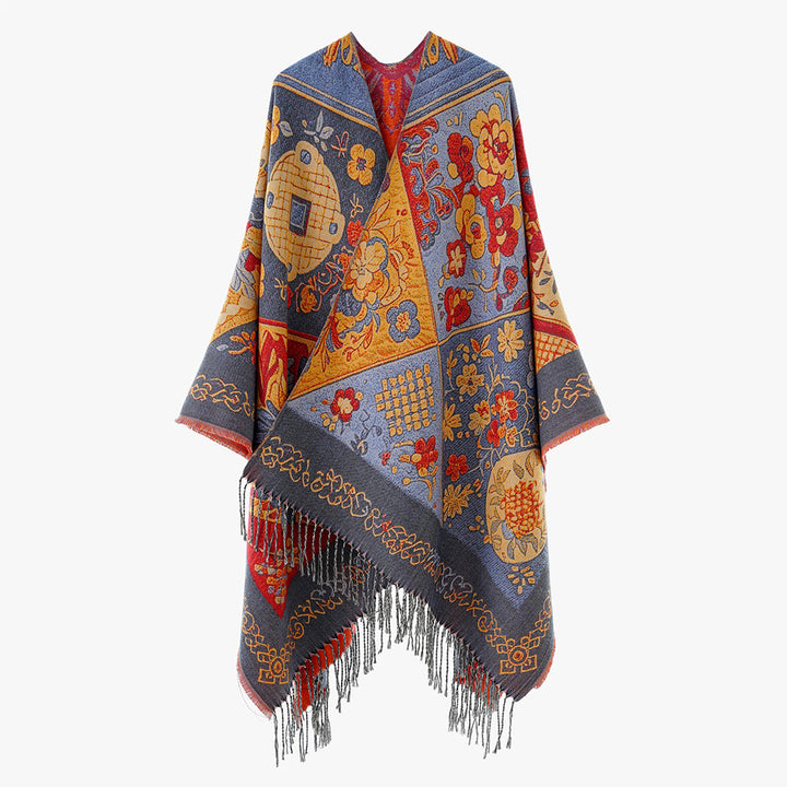 Damen Jacquard-Poncho mit Boho-Patchwork-Muster und Fransensaum Echo Archiv