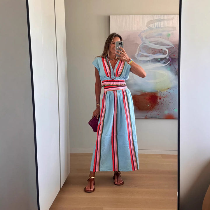 Damen Strandmaxi-Kleid mit elastischem Taillenbund und buntem Streifenmuster Echoarchiv