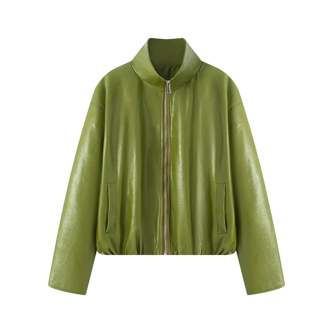 Damen tailliertes Kunstleder-Zweiteiler-Set Jacke mit hohem Stehkragen und Bleistiftrock – Élanora