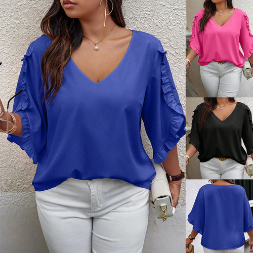 Damen V‑Ausschnitt Bluse mit Volantärmeln und lockerem Satinfall Echo Archiv