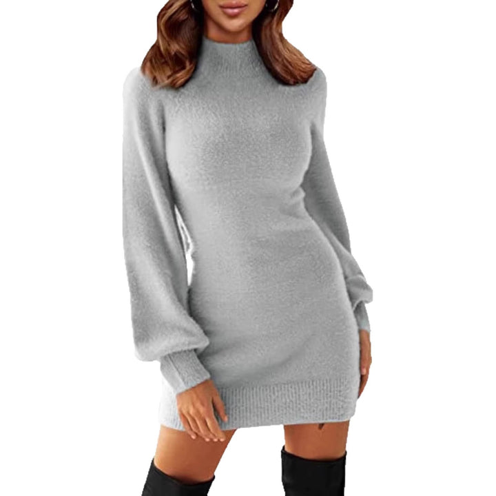 Damen Tailliertes Teddy-Strick-Minikleid mit Stehkragen und Ballonärmeln – Élara