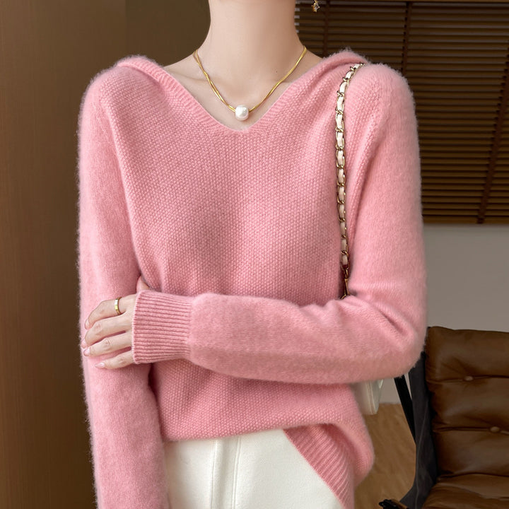 Damen Weicher Mohair‑Optik Kapuzenpullover mit V‑Ausschnitt und geripptem Saum Echoarchiv
