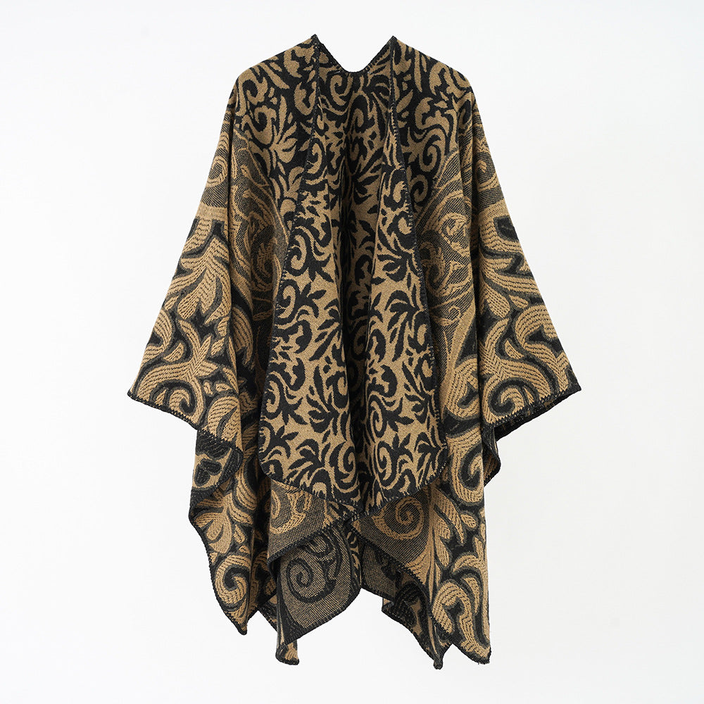 Damen Ornamentaler Jacquard-Capeponcho mit offenem Fall und kastiger Silhouette Echo Archiv