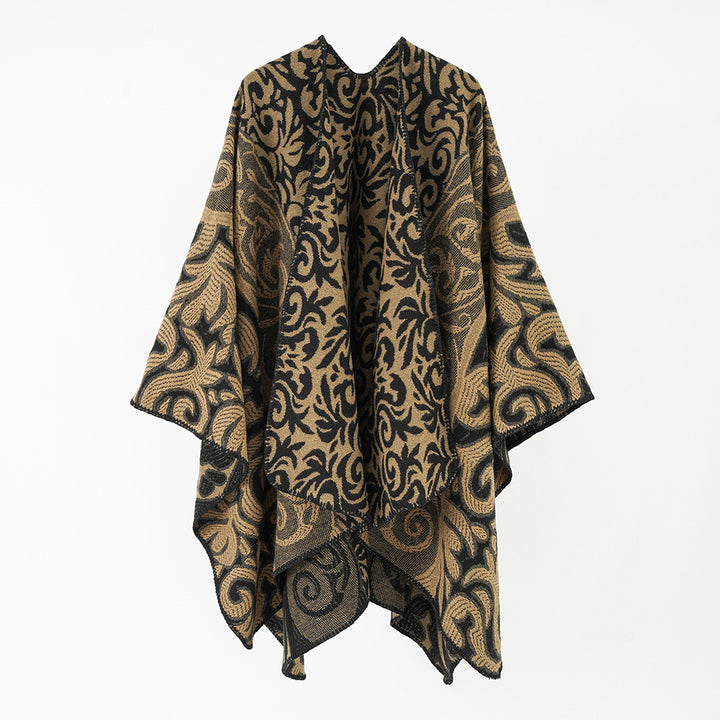 Damen Ornamentaler Jacquard-Capeponcho mit offenem Fall und kastiger Silhouette Echo Archiv