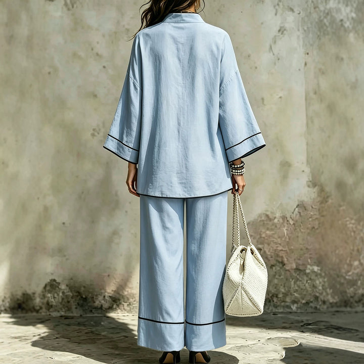 Damen Lässiges zweiteiliges Leinenoptik-Loungewear-Set mit Stehkragen, V-Ausschnitt und weitem Beinschnitt Echoarchiv