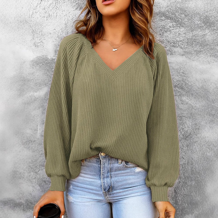 Damen Feinstruktur-Strickpullover mit V-Ausschnitt, Ballonärmeln und Rippbündchen – Mavelle