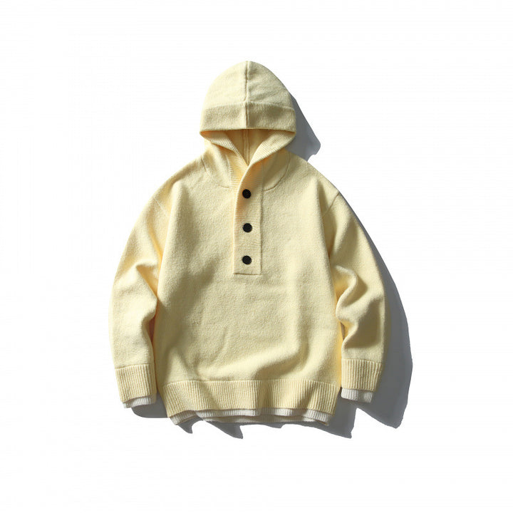 Unisex Strick‑Kapuzenpullover mit halber Knopfleiste, geripptem Saum und zweilagigem Abschluss Echo Archiv