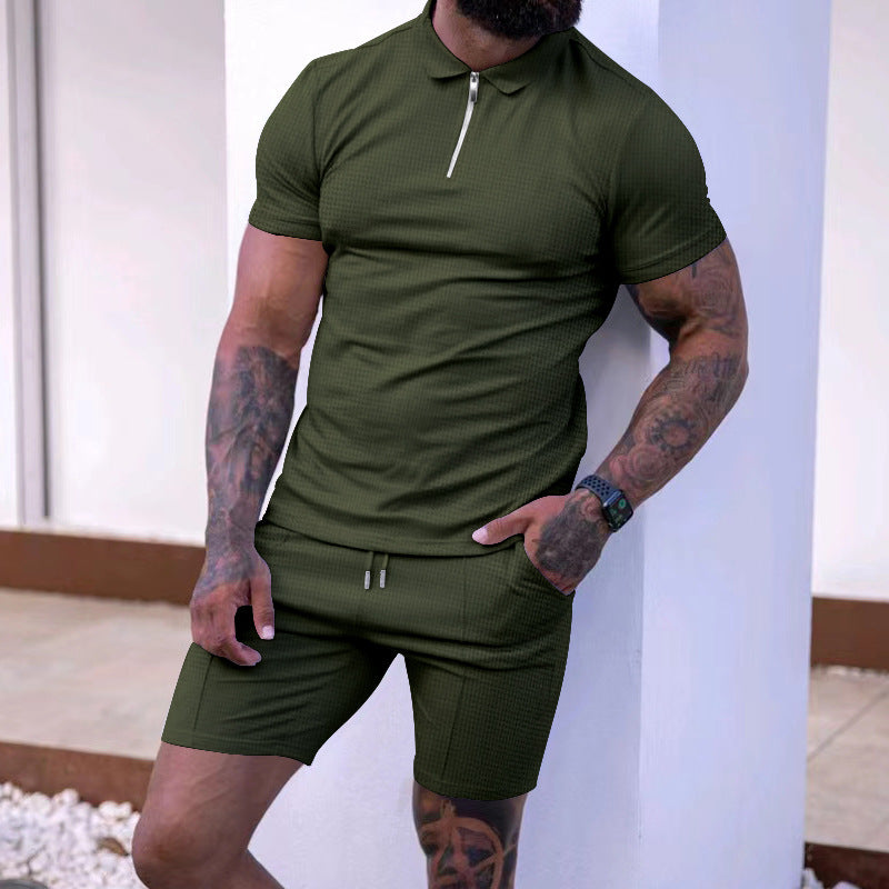Herren modisches Polo- und Shorts-Set mit strukturiertem Gewebe und funktionalem Reißverschluss Echoarchiv