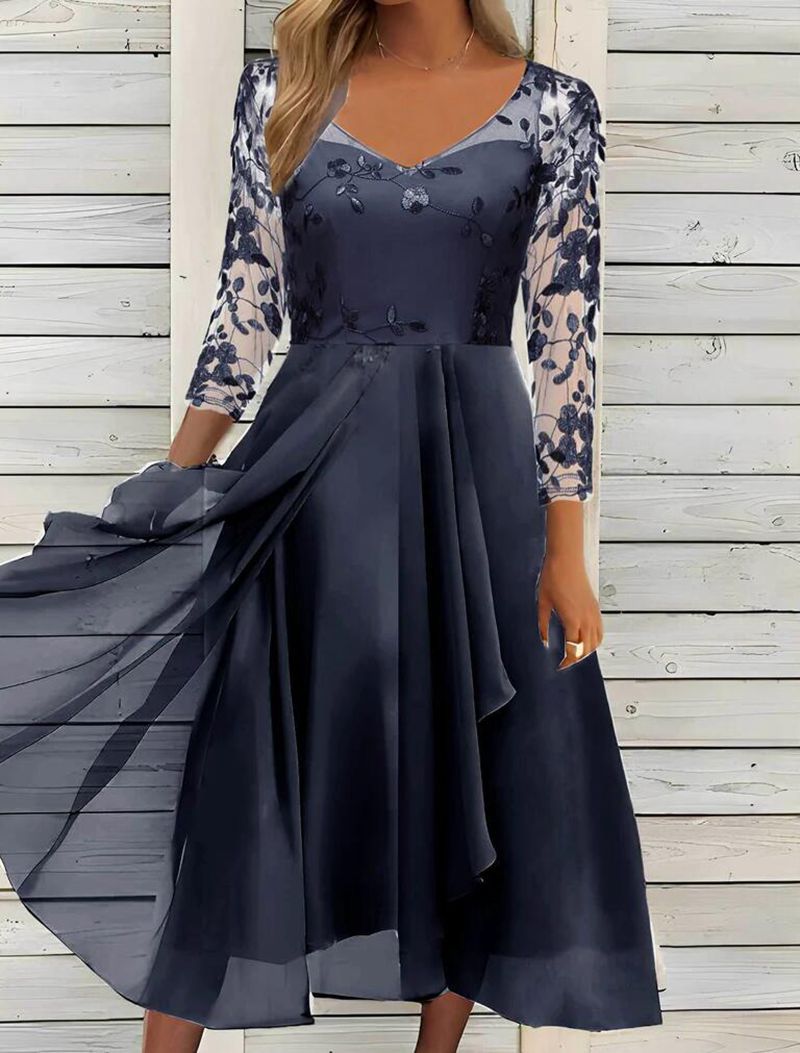 Damen nan V-Ausschnitt Chiffon-Midikleid mit besticktem Bustier, transparenten dreiviertel-Ärmeln und asymmetrischem Lagenrock Echo Archiv