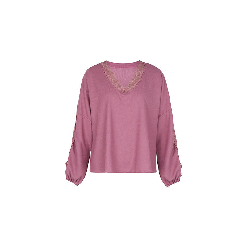 Damen Lockeres Shirt mit V‑Ausschnitt, Spitzenbesatz und Ballonärmeln Echoarchiv