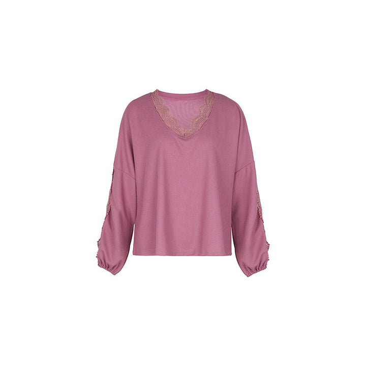 Damen Lockeres Shirt mit V‑Ausschnitt, Spitzenbesatz und Ballonärmeln Echoarchiv