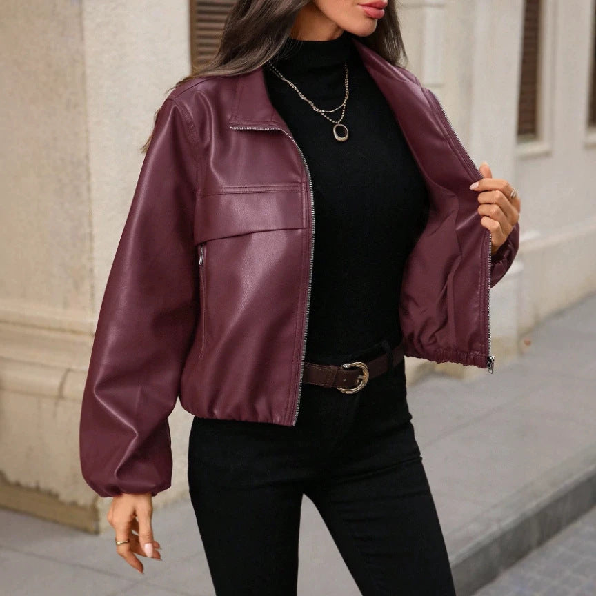 Damen Trendige cropped Kunstlederjacke – Célinea