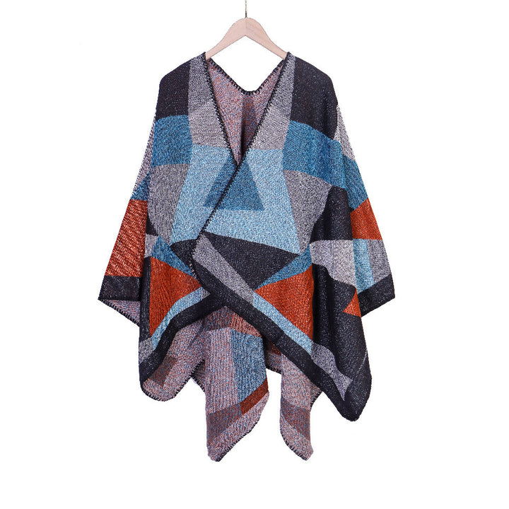 Damen Grobgestrickte Oversize-Ruana mit grafischem Blockmuster und asymmetrischem Zipfelrand Echo Archiv