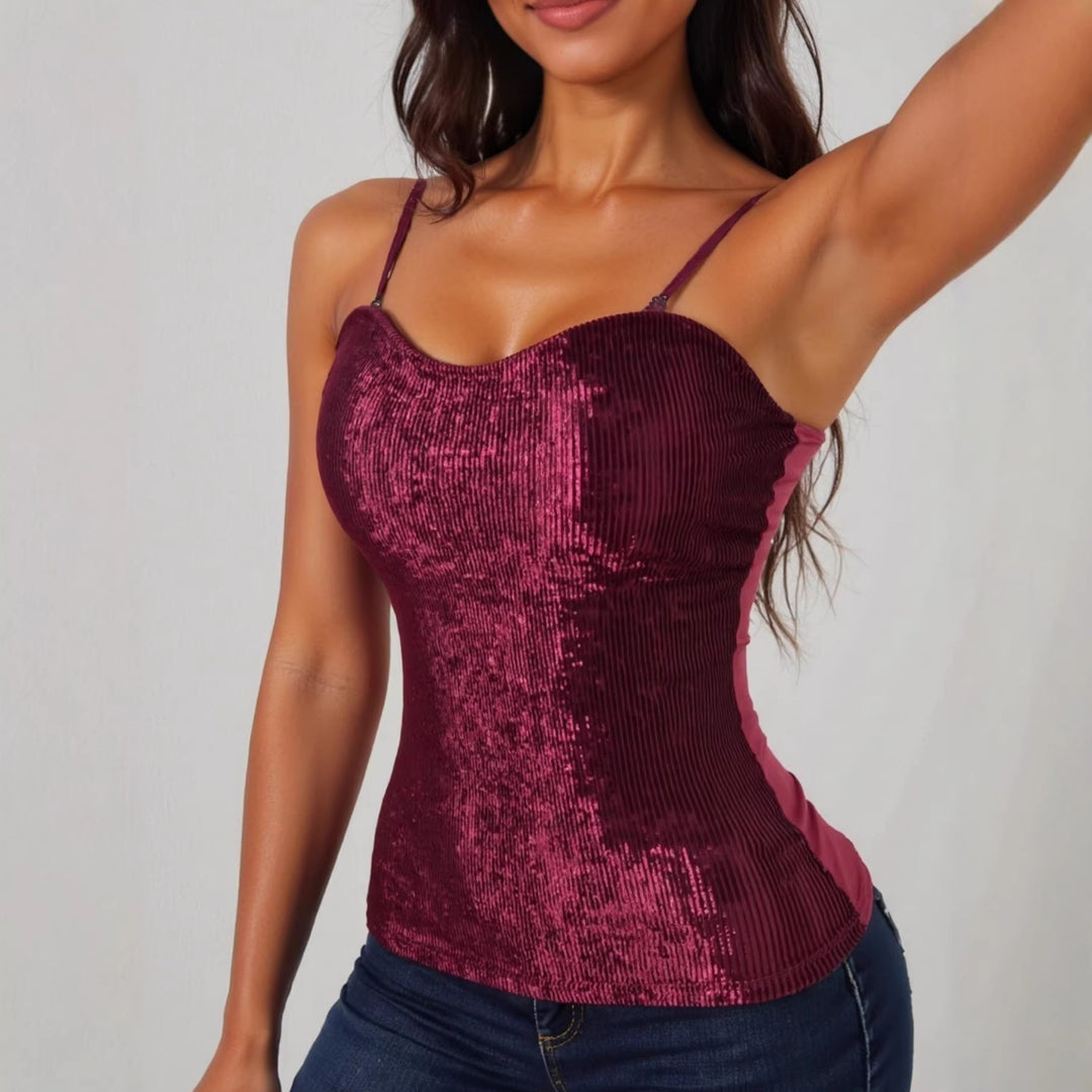 Damen elegantes Spaghettiträgershirt mit luxuriösem Paillettenbesatz und feinem Rippstrick Echo Archiv